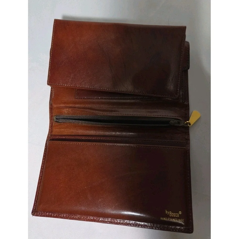 Vintage Bosca Women's Brown Leather Wallet Folding w Card ID Window  & Zip Coin
